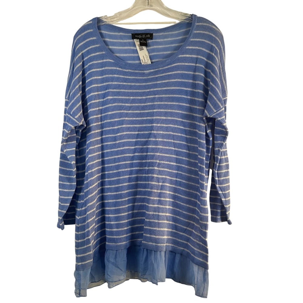 August Silk Blue White Striped Linen Cotton Knit Sweater Chiffon Hem XL NWT